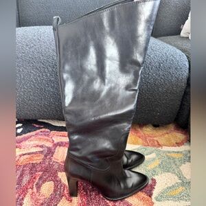 Black leather western block heeled knee high boots. Size 38